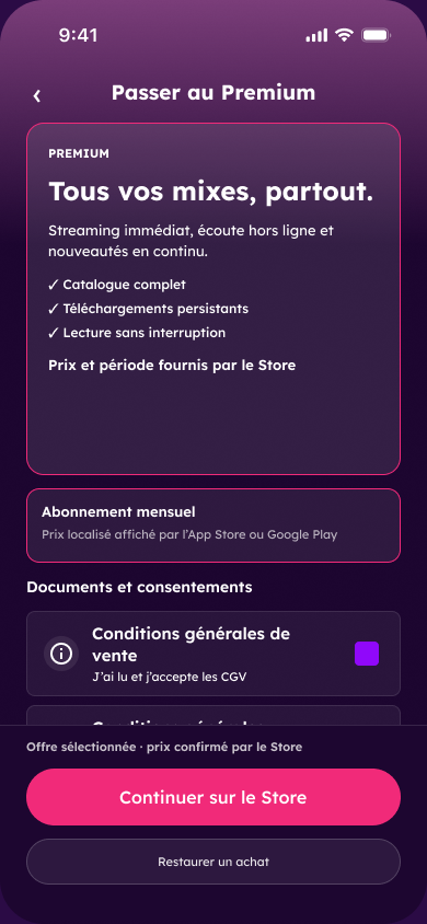 Écran Premium de l’application Pandimix